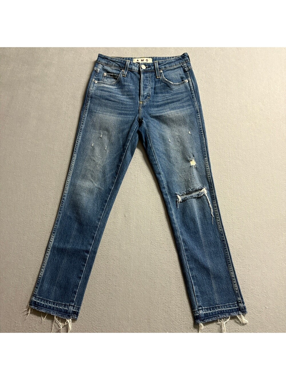 AMO Babe Dive Bar Destroy Jeans Womens Size 26 Distressed Frayed Hem Denim Blue
